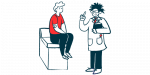 A clinician holding a clipboard gestures while speaking to a patient sitting on an examining table.