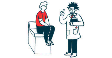A clinician holding a clipboard gestures while speaking to a patient sitting on an examining table.