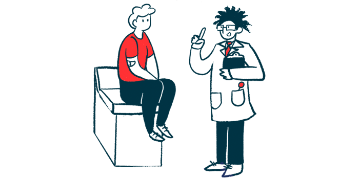 A clinician holding a clipboard gestures while speaking to a patient sitting on an examining table.