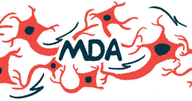The letters MDA, for Muscular Dystrophy Association, are seen against a backdrop of motor neurons.