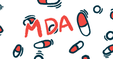 The letters MDA, for Muscular Dystrophy Association, are seen against a backdrop of scattered oral medications in this illustration for the Muscular Dystrophy Association (MDA) Clinical and Scientific Conference.