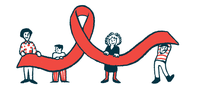 Illustration of four people holding a giant red ribbon.