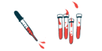 A dropper squirting blood is shown next to four half-filled vials.