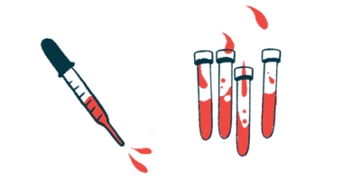 A dropper squirting blood is shown next to four half-filled vials.